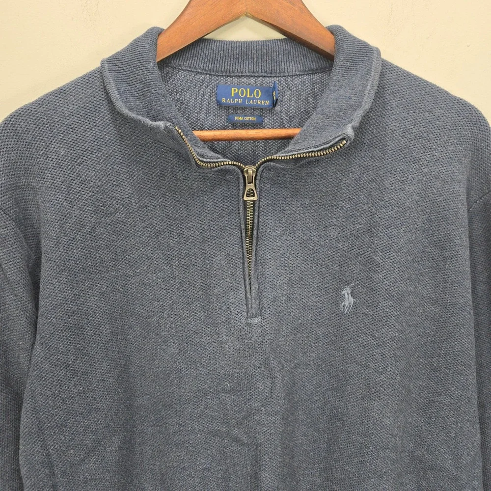Polo Ralph Lauren 2XB Blue Pima Cotton Pique 1/4‎ Zip Knit Pullover Sweater